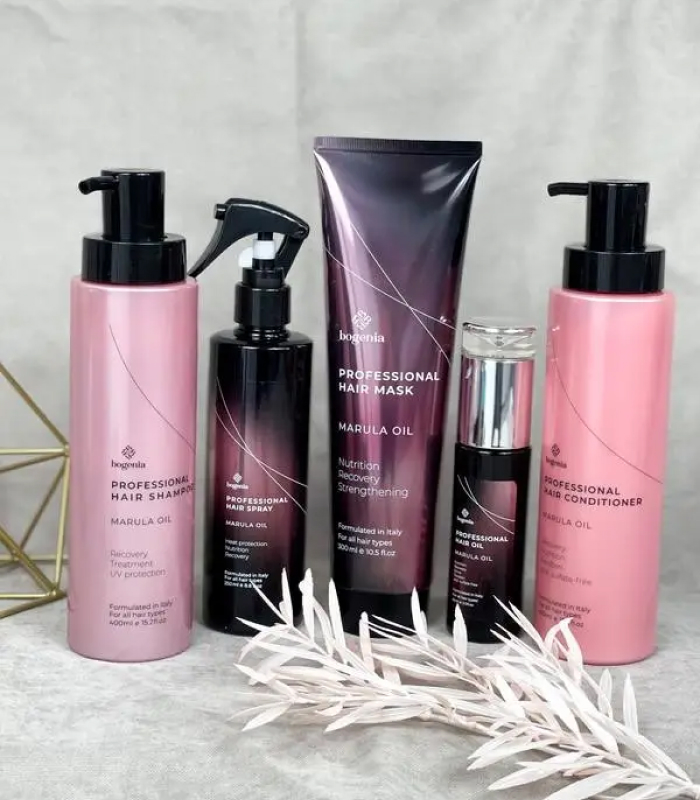 Набір із 5 засобів Bogenia Professional Marula Oil з термозахистом для волосся з марулою