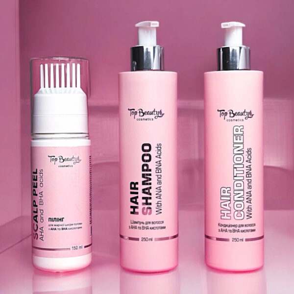 pinklab_пінклаб_Безсульфатний набір з AHA BHA кислотами по догляду за волоссям Top Beauty (пілінг,шампунь,кондиціонер)