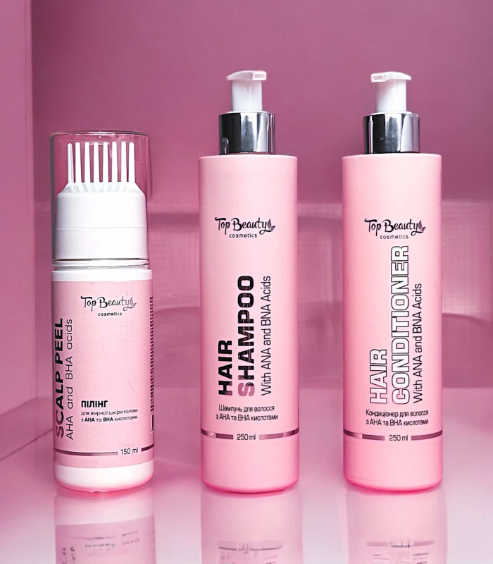 pinklab_пінклаб_Безсульфатний набір з AHA BHA кислотами по догляду за волоссям Top Beauty (пілінг,шампунь,кондиціонер)