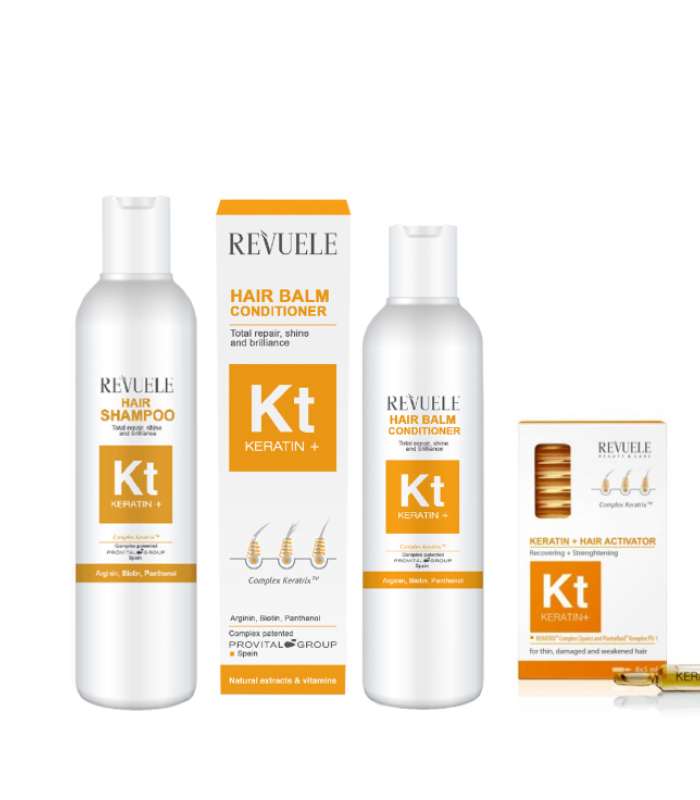 pinklab_пінклаб_Набір для активації росту Revuele KERATIN для ламкого тьмяного тонкого волосся шампунь/кондиціонер 200 мл + ампули 8 шт.