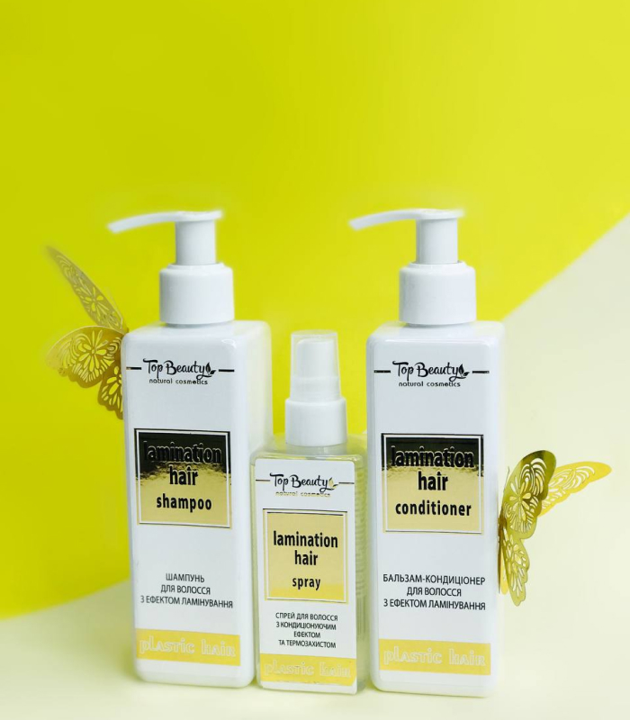 pinklab_пінклаб_Набір для волосся з ефектом ламінування Top Beauty Plastic Hair Шампунь, кондиціонер, спрей.