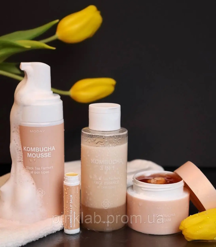 pinklab_пінклаб_Набір для обличчя 4в1 Moday Kombucha: пінка-мус, тонер, крем та бальзам для губ